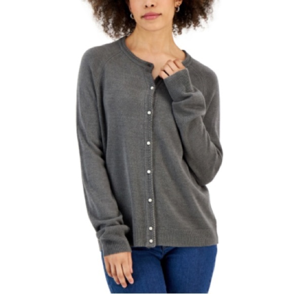 Karen Scott Women's Pearlized Button Crewneck Cardigan Sweater Heather Gray NWT - Picture 1 of 11